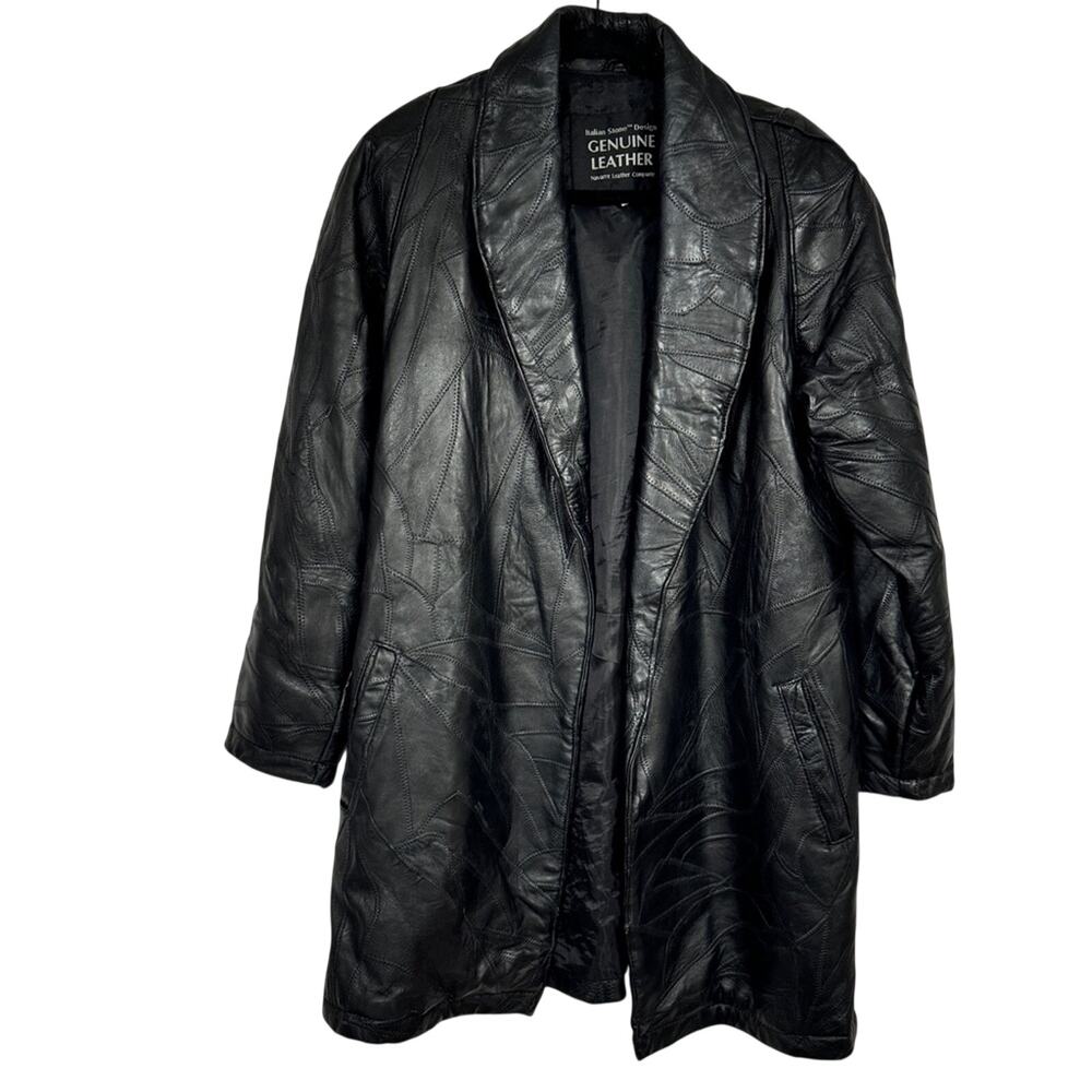 Vintage Black Leather Patchwork Trench Coat Womens M Goth No Belt Damaged